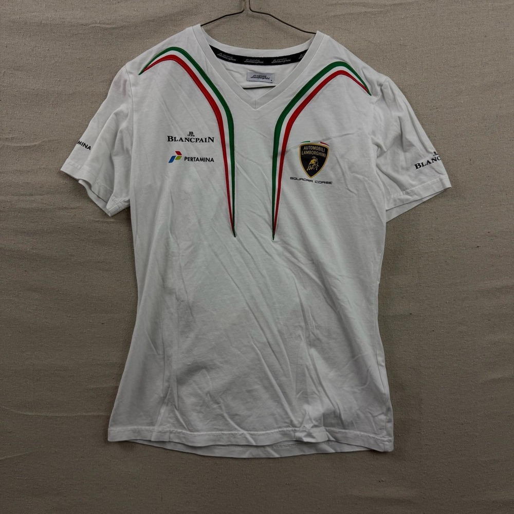 Lamborghini Squadra Corse T-Shirt Mens Medium White V-Neck Racing Logo Trim